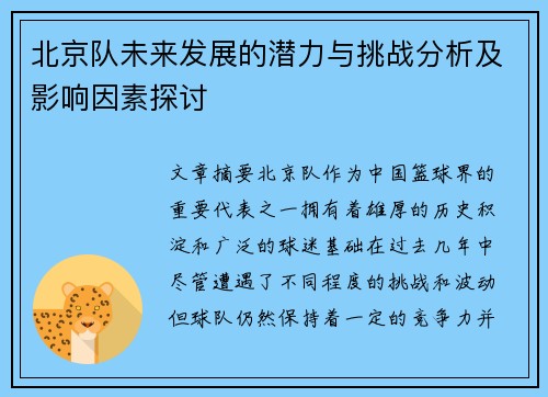 北京队未来发展的潜力与挑战分析及影响因素探讨